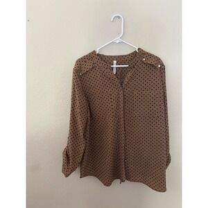 My Collection Polka Dot Button Front Blouse Tan Black L 
 Long Sleeve Top A1123